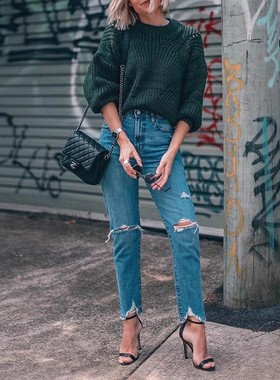 清仓现货 Nobody Denim 超高腰蓝色多破洞不规则毛边直筒牛仔裤女