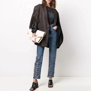 MM6中高腰蓝色圆破洞宽松老爹直筒牛仔裤 Margiela 女 Maison 现货