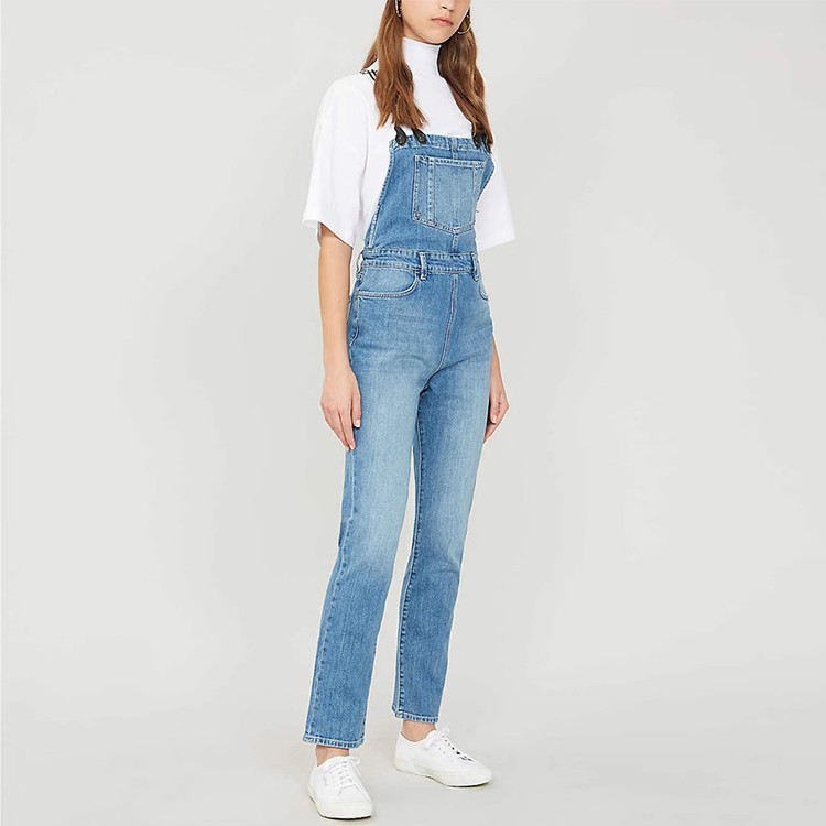 现货 Frame Denim黑白竖条纹背带蓝色显瘦宽松直筒牛仔背带长裤女