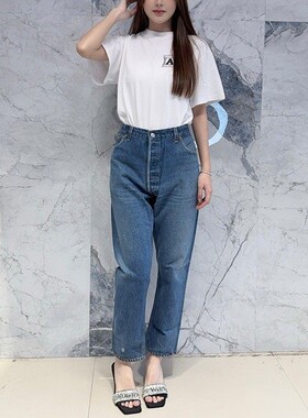 国内现货 Re/Done 高腰中蓝色基础款显瘦磨损修身九分直筒牛仔裤