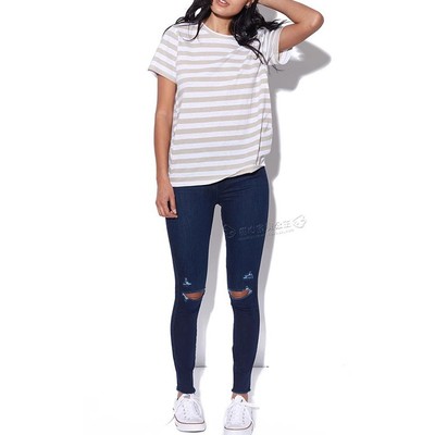 清仓现货Nobody Denim高腰深蓝色双破洞毛边紧身直筒小脚牛仔裤女