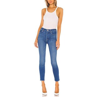 现货 MOTHER 高腰重影桃心显瘦腿长紧身九分直筒小脚牛仔裤女蓝色