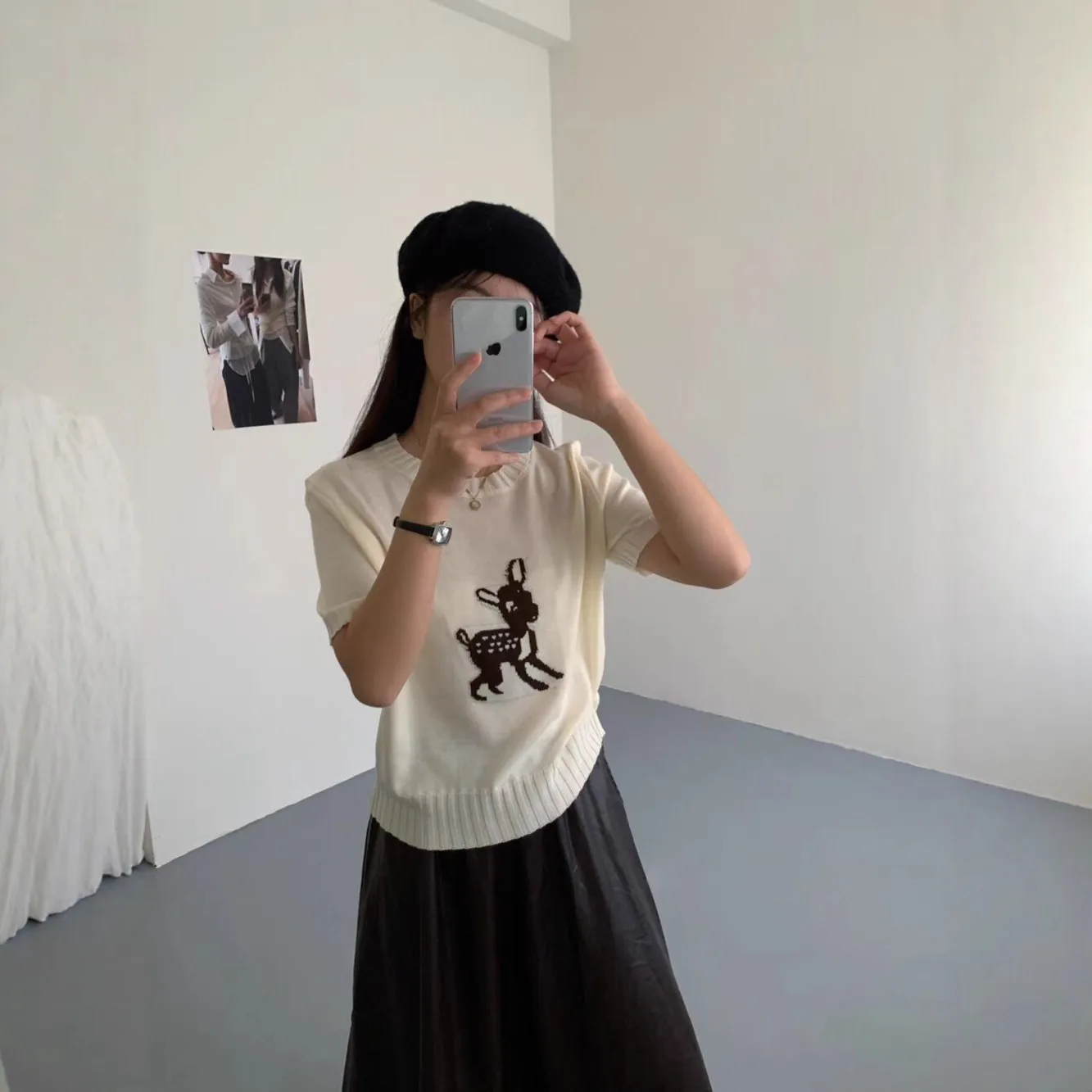 春秋新款韩范百搭圆领短袖针织衫时尚小鹿提花短袖套头毛衣上衣女