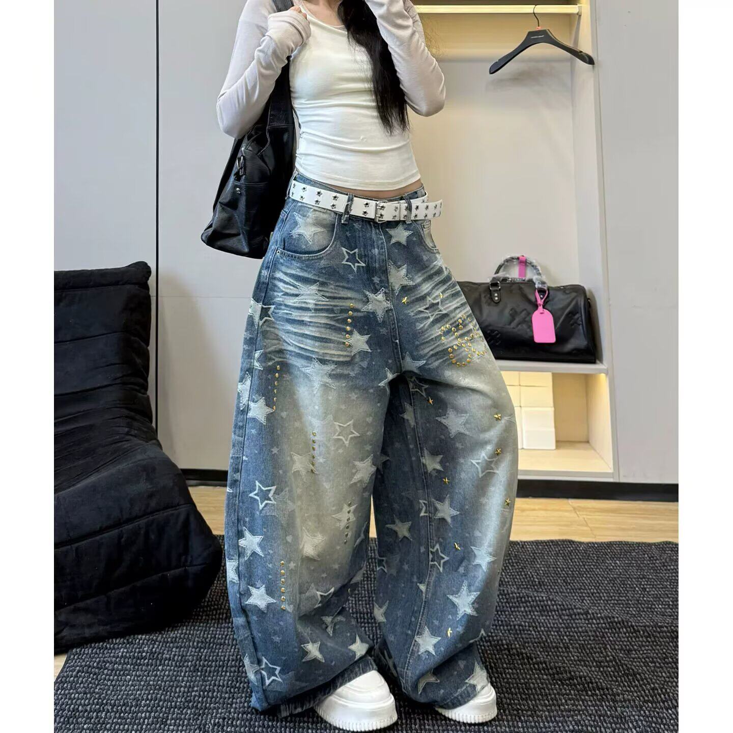 嘻哈高街y2k星星印花秋季男女牛仔裤外贸跨境做旧泫雅风爵士舞裤