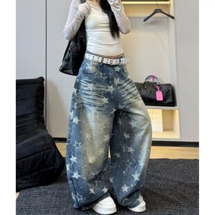 嘻哈高街y2k星星印花秋季男女牛仔裤外贸跨境做旧泫雅风爵士舞裤