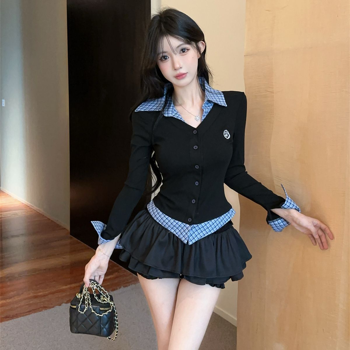 学院风jk制服套装辣妹修身假两件长袖上衣蓬蓬半身裙时尚套装新款