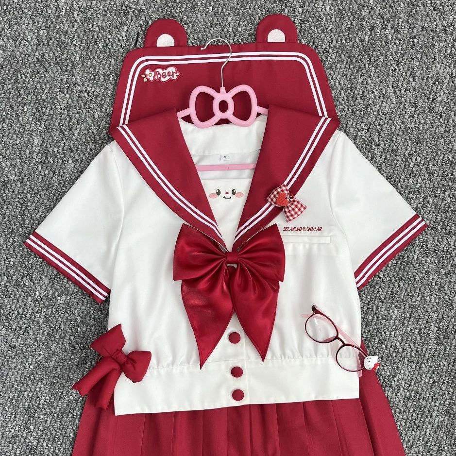 【玫莓熊】樱木子原创JK制服中意玫红色甜美水手服校供百褶裙套装
