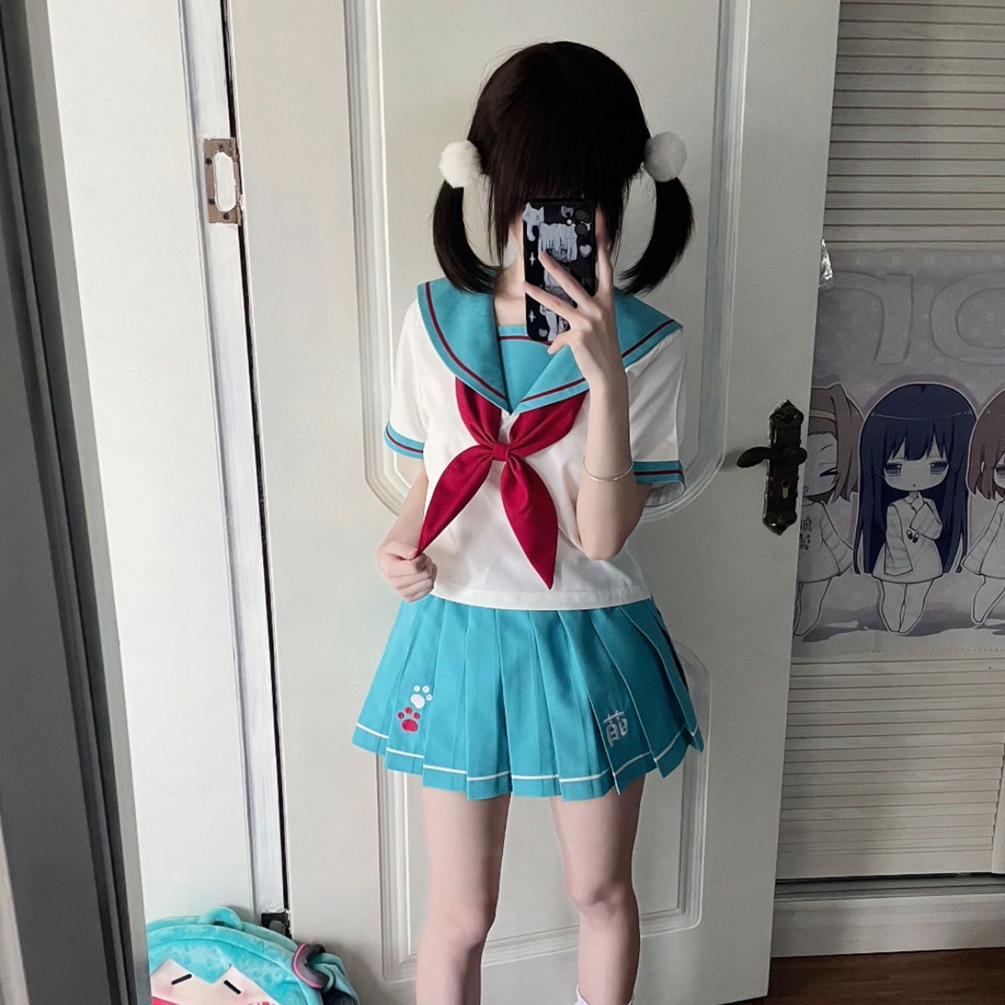 萌萌喵可爱秋季水手服收腰jk制服套装女校供百褶褶裙湖蓝色学院风