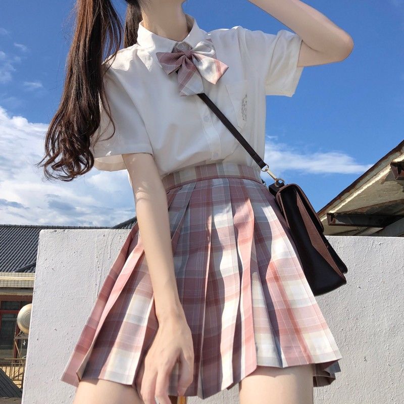 空栗鼠丸【水蜜桃】jk原创粉色银线格正版学院风百褶格裙衬衫套装