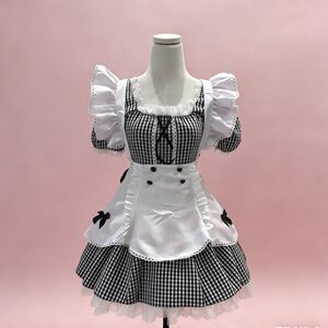 黑粉格女仆装日系可爱泡泡袖围裙大码胖mm显瘦Lolita连衣裙小众