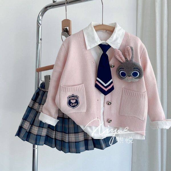 女童学院风JK制服套装2026新款女宝针织开衫外套衬衫百褶裙三件套