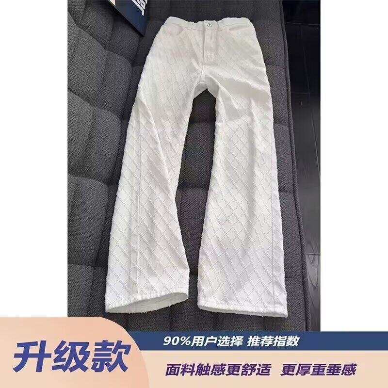 小香风提花菱格阔腿牛仔裤男装春款2026年新款高腰显瘦宽松直筒裤