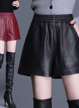 绵羊皮皮短裤女2026新款高腰宽松显瘦休闲裤黑色外穿秋冬a字皮裤