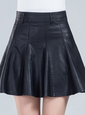 2025秋冬新款短裙子女装大码半身裙a字百褶PU皮裙防走光裤裙伞裙