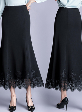 春季法式气质鱼尾裙女高腰显瘦蕾丝花边黑色中长款半身裙