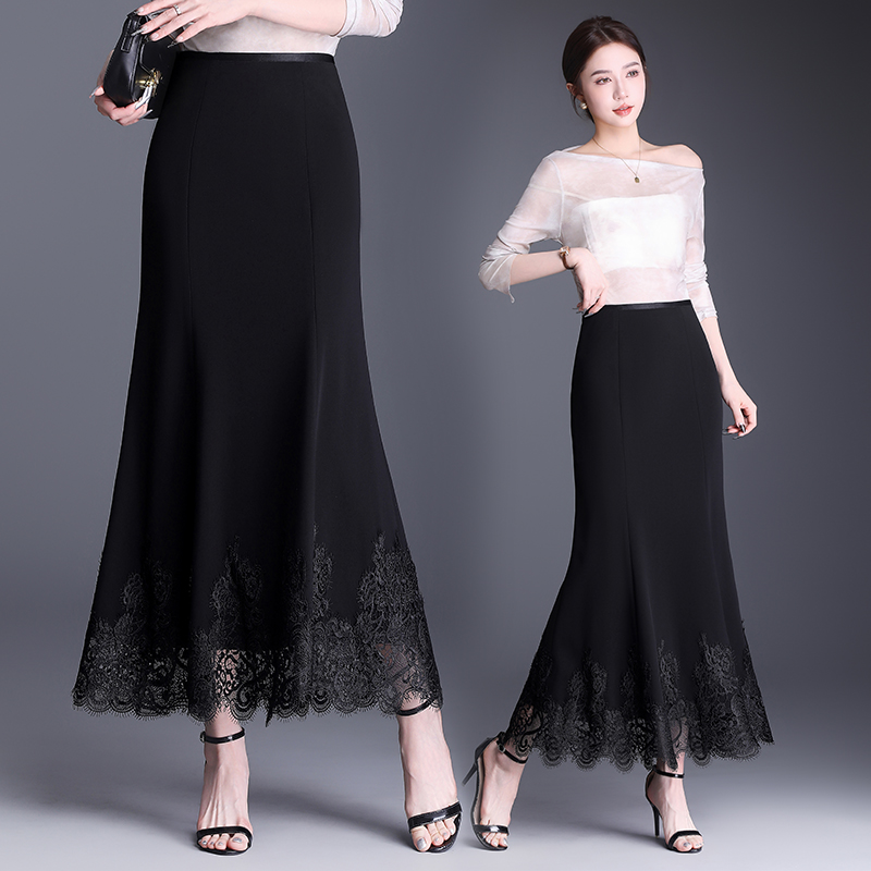 黑色蕾丝花边拼接鱼尾半身裙女春夏季高腰显瘦包臀裙中长款一步裙