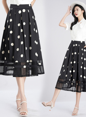 薄款波点网纱半身裙小个子A字裙女裙子2025夏季新款中长百褶伞裙