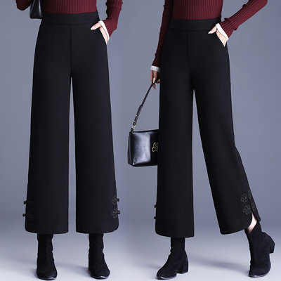 羊毛呢阔腿裤女2025新款冬高腰小个子窄版中年妈妈加厚九分直筒裤
