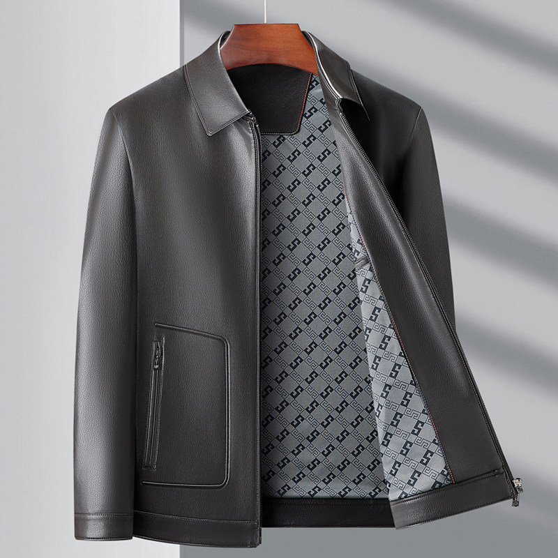高端休闲春季新款鄂尔多斯市真皮皮衣男翻领黑色薄款夹克外套宽松