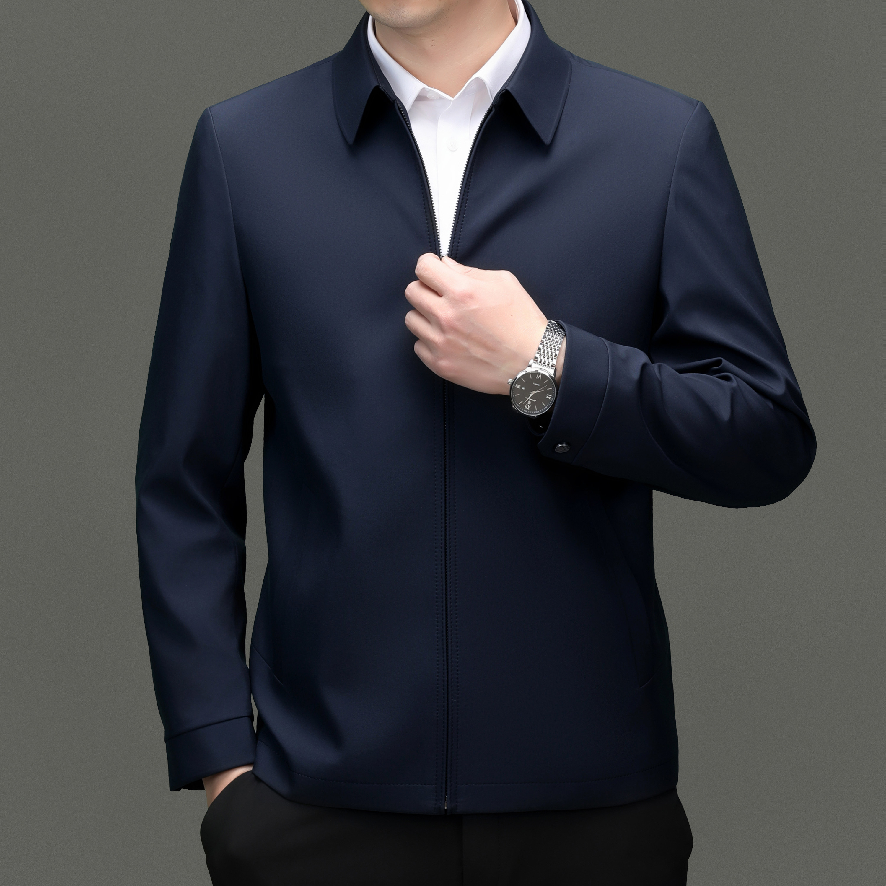 大品牌高端夹克鄂尔多斯市春秋休闲商务行政茄克抗皱拉链男装外套