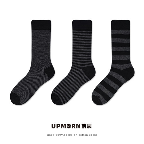 UPMORN春季大码纯棉条纹中筒袜男
