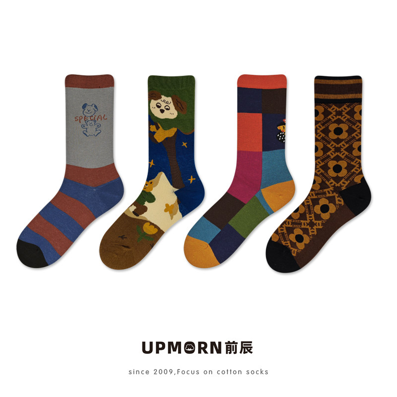 拼色个性原宿中筒袜子女纯棉秋季薄款街头舒适卡通男袜撞色情侣袜