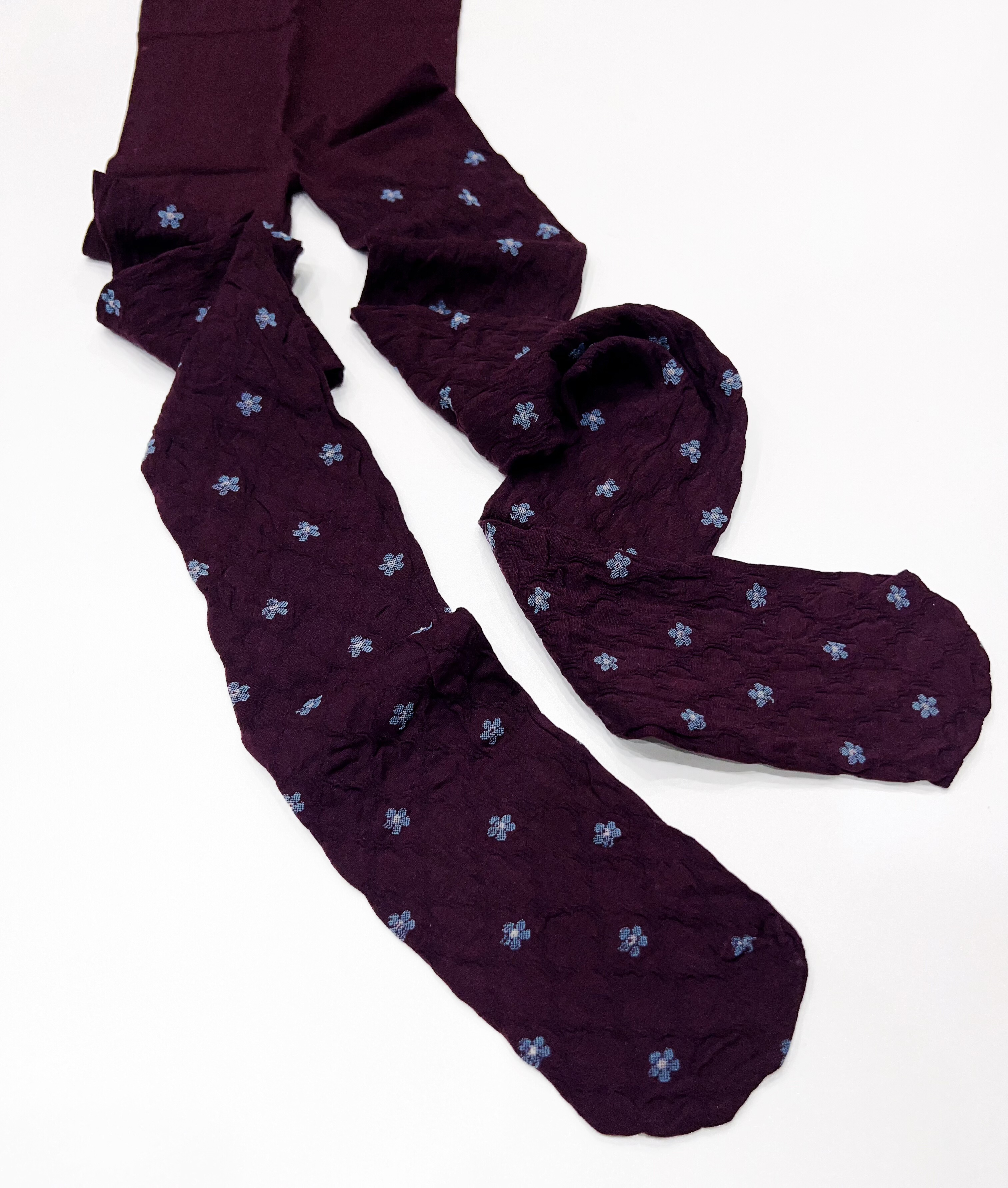 日本制，暗纹格纹双色拼接蓝色花朵 100D微透肉深酒红色连裤袜