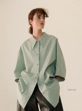 格闵草定制lemaire19SS同款剪刀领衬衫 客订优享薄荷绿宽松女上衣