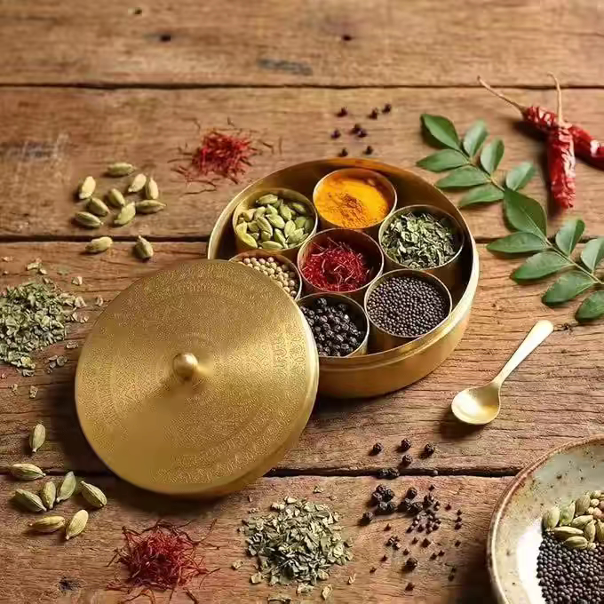 印度手工雕花黄铜香料盒Masala Dabba七格阿育吠陀调料收纳盒勺子