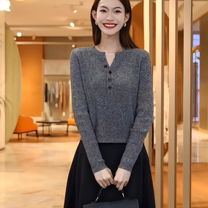 慵懒风圆领长袖针织衫女秋季新款修身打底衫小个子细羊毛毛衣上衣