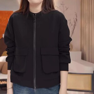 韩版拼接双口袋拉链圆领短外套女秋冬夹克棒球服小个子短款上衣