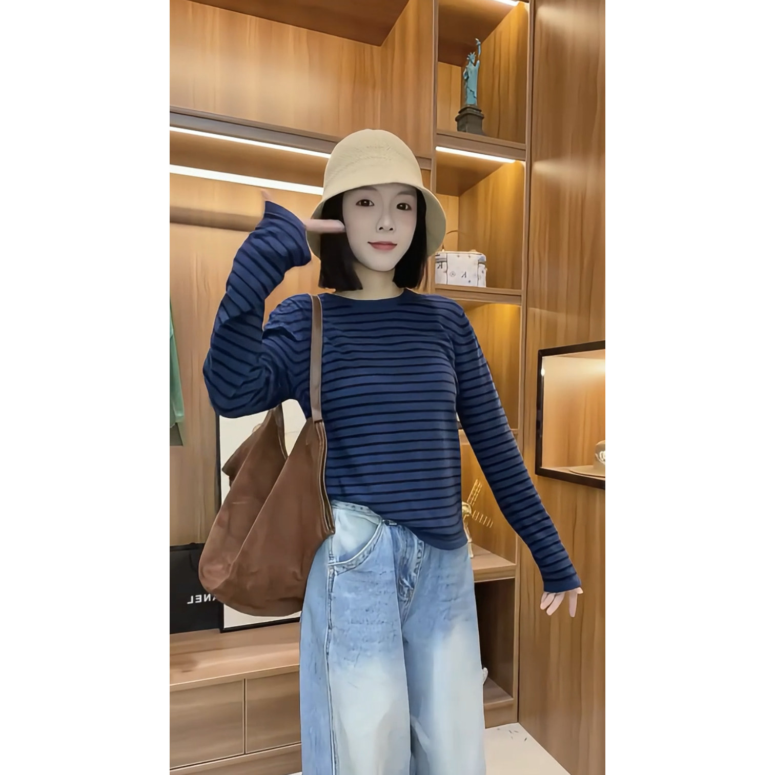 设计感轻奢高级小众条纹长袖T恤女休闲百搭打底衫圆领上衣图片