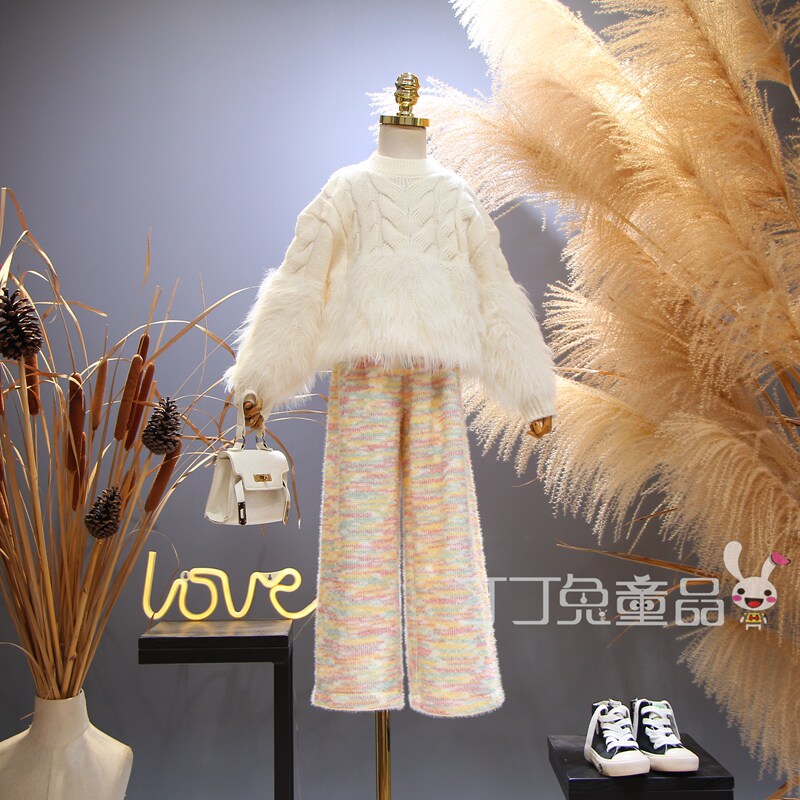欧美女童装秋冬季舒适针织拼接毛毛衣韩版中大童复古麻花保暖新品