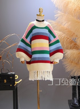 女童装春秋季宽松条纹流苏毛衣裙
