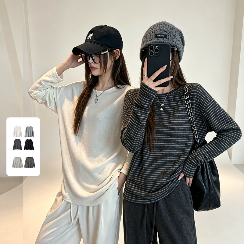【所有女生的衣橱直播间】馨之凝秋冬纯色宽松/条纹圆领长袖T恤