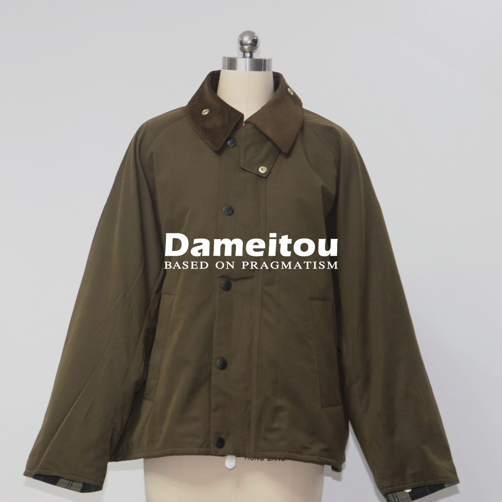 日单尾B@r复古感外套夹克宽松短款卡其绿格纹灯芯绒拼接棉服