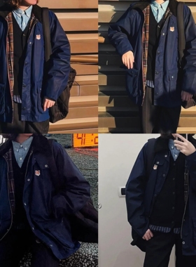 油蜡！BX小狐狸联名蓝色系外套长款夹克经典灯芯绒衣领防风雨男女