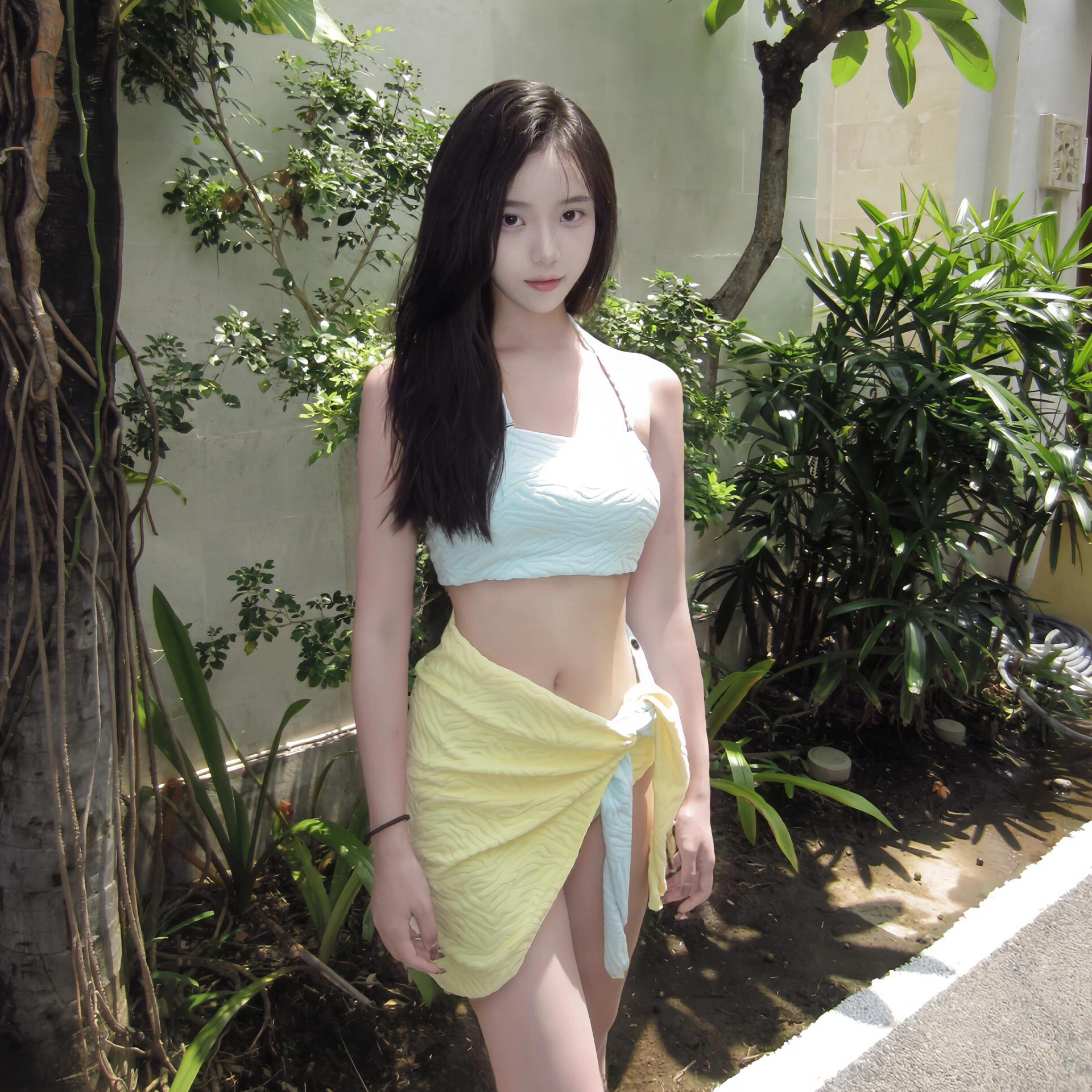 大渔 纯欲撞色抹胸挂脖裙式三件套比基尼海边度假温泉分体泳衣 女