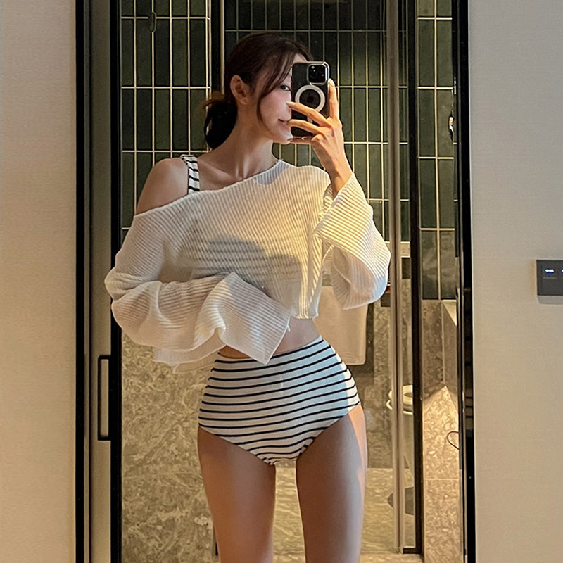 大渔 韩国新款条纹高腰遮肚显瘦小胸分体三件套温泉度假泳衣女