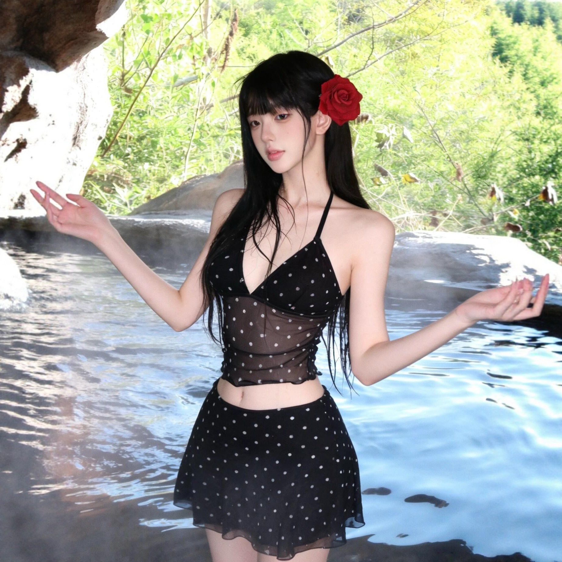 纯欲清新少女波点裙式比基尼网纱拼接V领显瘦小众温泉度假泳衣女