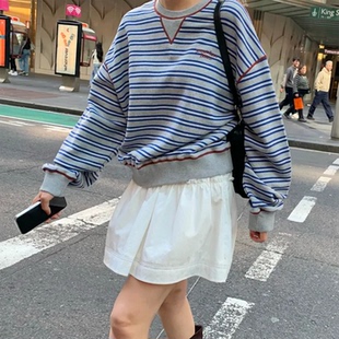 韩国正品直邮SOMEWHEREBUTTER条纹圆领休闲卫衣