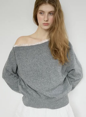 韩国正品直邮26春款LETTER -FROM- MOON花边领斜肩针织衫