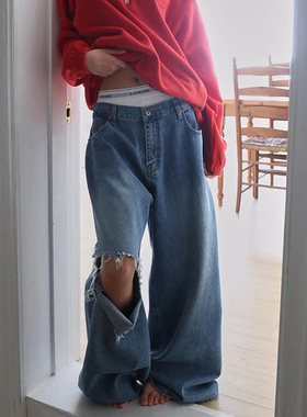 韩国正品代购直邮LANGER欧美风阔腿破洞牛仔裤女水洗宽松长裤