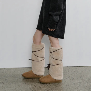 韩国正品 直邮108POUND系带皮毛一体短毛羊羔毛保暖袜套