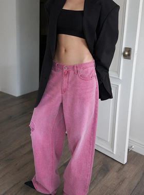 韩国正品代购直邮LANGER多巴胺风粉色牛仔裤女宽松阔腿长裤穿搭