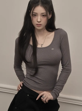 KHAKIPOINT韩国设计师品牌25秋冬新品波点U领长袖T恤