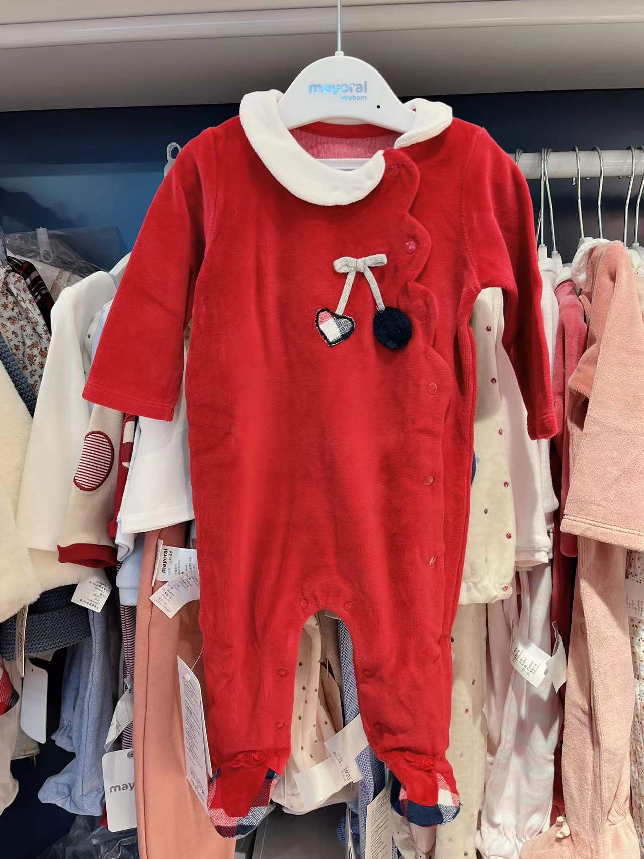 现货西班牙mayoral麦悠女婴秋冬花瓣边猫咪毛球丝绒礼盒装连体衣