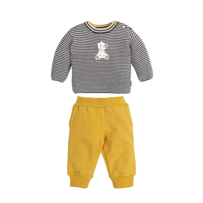 现货西班牙Tutto piccolo幼小男童秋冬条纹斑马毛衣黄色长裤套装