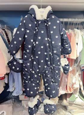 现货西班牙mayoral麦悠婴幼童装秋冬拉链连帽手脚套加毛连体棉服