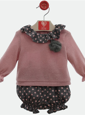 现货西班牙delsur女婴幼童春秋波点荷叶领毛球针织衫包臀短裤套装